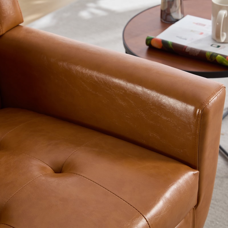 PU Leather Upholstered Accent Chair, Ergonomic Reading Side Chair, Single Sofa Chair with Curved Back & Wood Legs