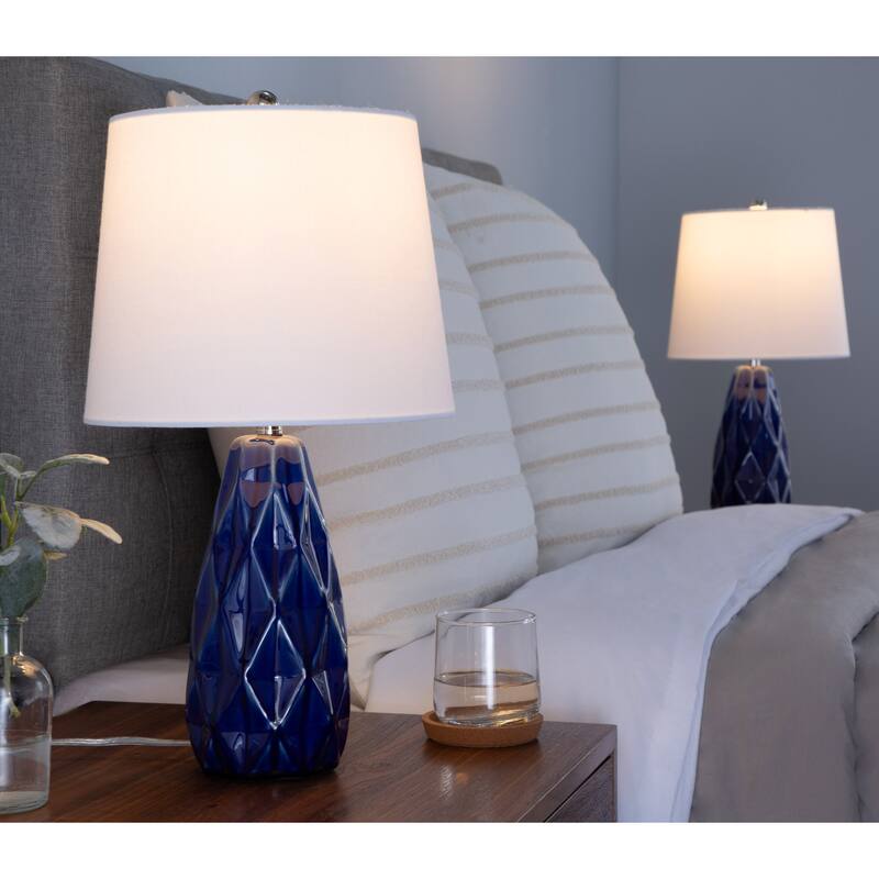 Hex 20" Ceramic Table Lamp w/ Faceted Base & Linen Shade (Set of 2) - 20.5