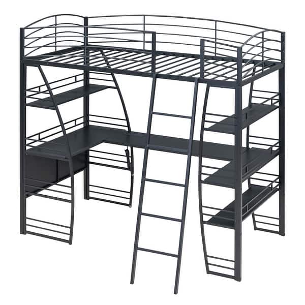 slide 2 of 12, Black High Loft Bed w/ L-Shaped Desk and Storage Shelves, Metal Platform Bed w/ Curved Guardrail, USB Ports & Wireless Charging Black - Twin