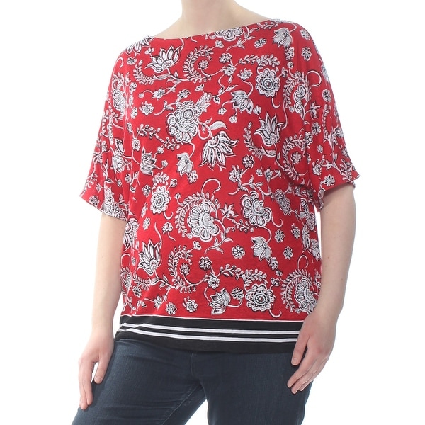 RALPH LAUREN Womens Red Floral Stripe Short Sleeve Boat Neck Wear To Work Top Plus Size: 1X