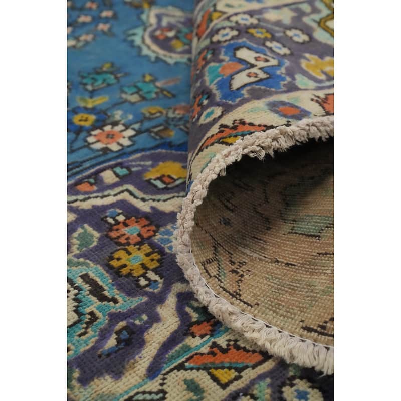 Hand Knotted Oriental 100% Wool Carpet Traditional Floral Navy Blue & Blues Tabriz Area Rug - 9' 6'' X 6' 7''
