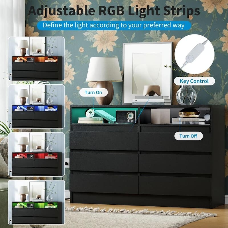 6 Drawer Dresser, with LED Lights and USB Charging Station