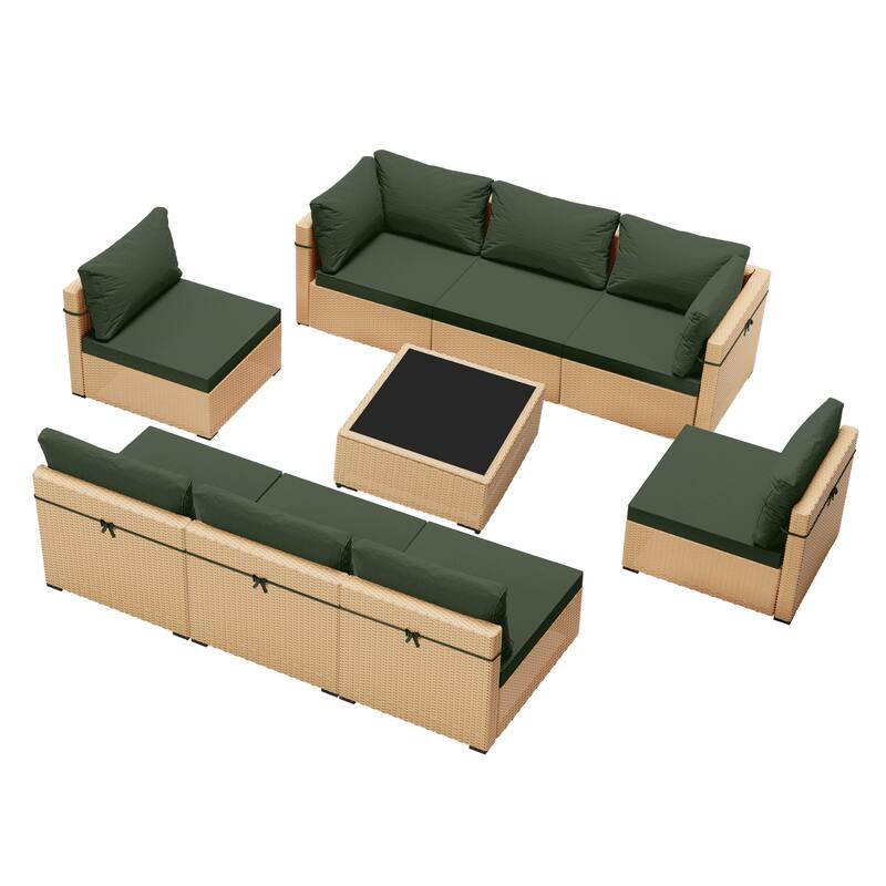 Patio Watcher Patio Conversation Set 9-Piece Yellow Wicker Sectional Seating Group with Cusions