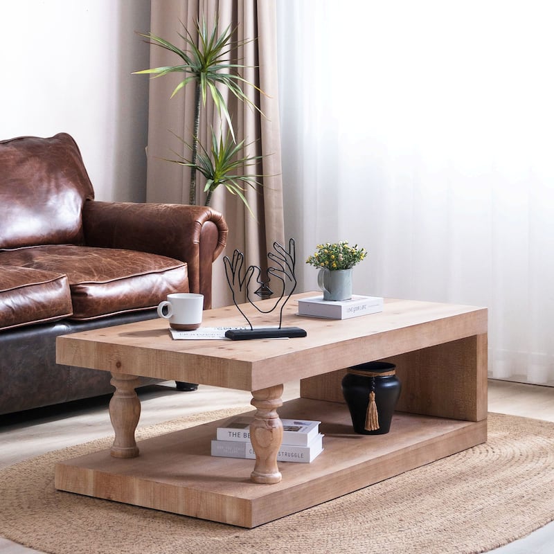 Roomfitters Rustic Coffee Table with Turned Legs, 47" Rectangular Center Table with Shelf, Engineered Wood, Natural