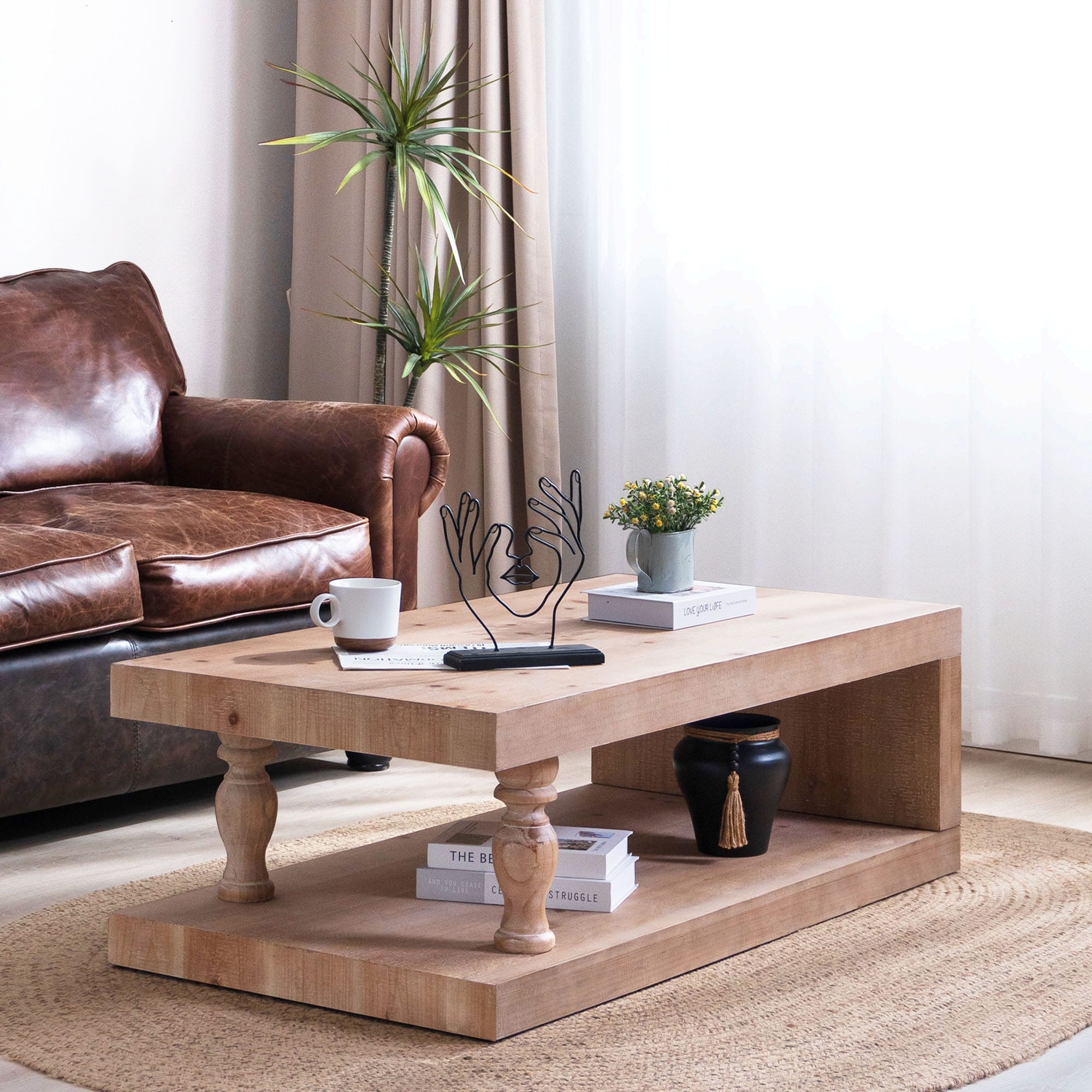 Rustic Coffee Table Dining Table with Turned Legs, Wood Accent Table End Table with Open Storage Shelf