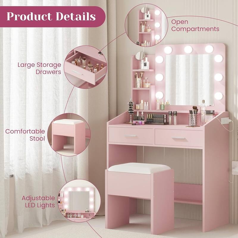 Modern Dressing Table, Makeup Vanity Desk with Mirror and Lights for Bedroom
