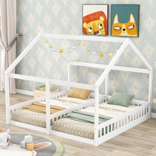 Twin Size House-Themed Platform Beds with Side-by-Side Design and Safety Guardrails