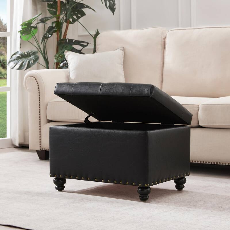 Tufted Storage Ottoman Bench, Rectangular Footstool - Black