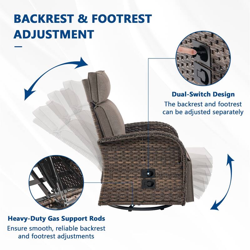 Meyreso 3-Piece Wicker Swivel Reclining Chaise Lounge with Adjustable Backrest & Footrest