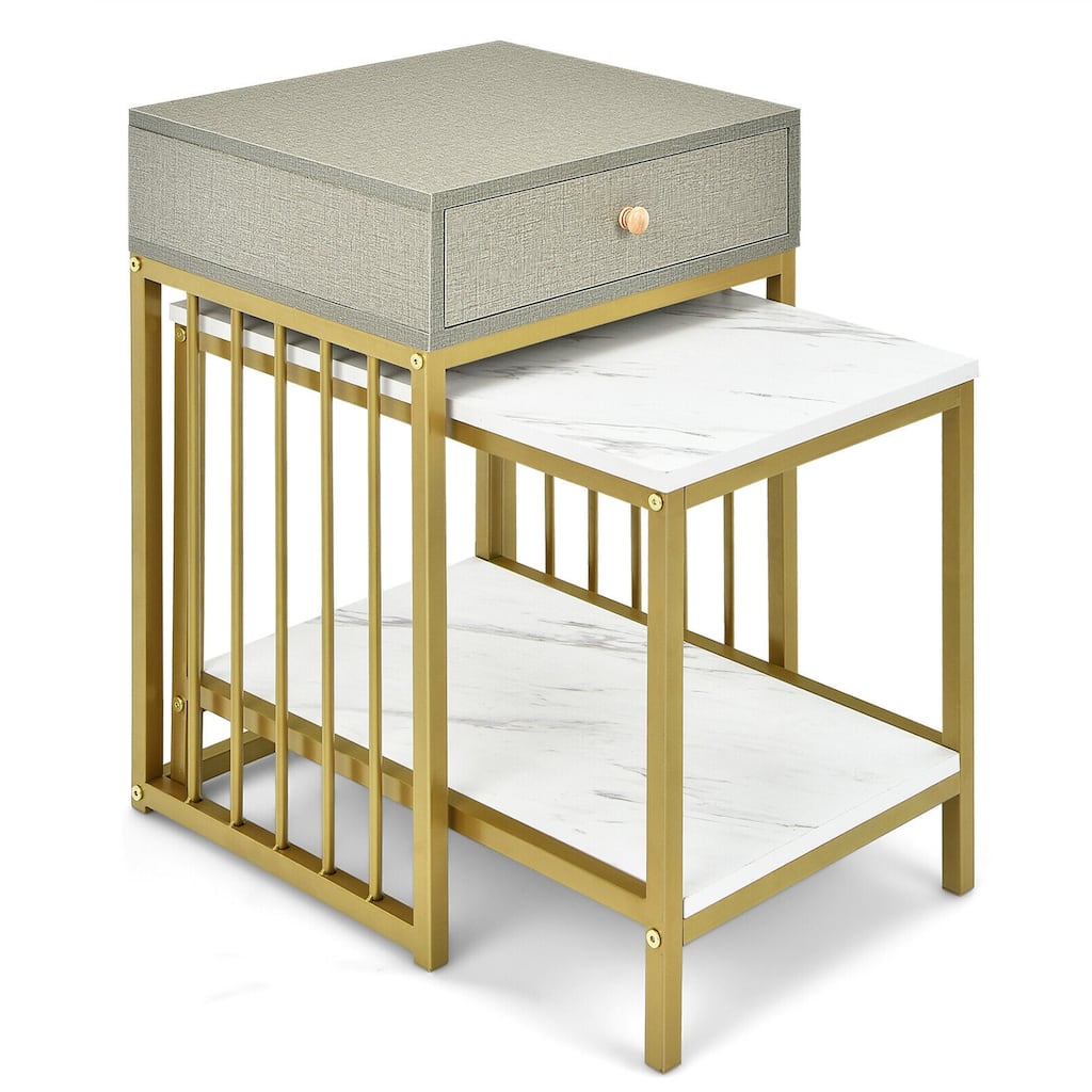 2 Pieces Modern Nesting Coffee Table Set with Drawer and Shelf - 18" x 16" x 25" (L x W x H)