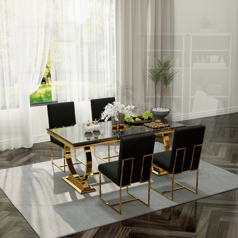 White and Gold Dining Room Table Set with 72 inch Table and White PU Leather Dining Chairs