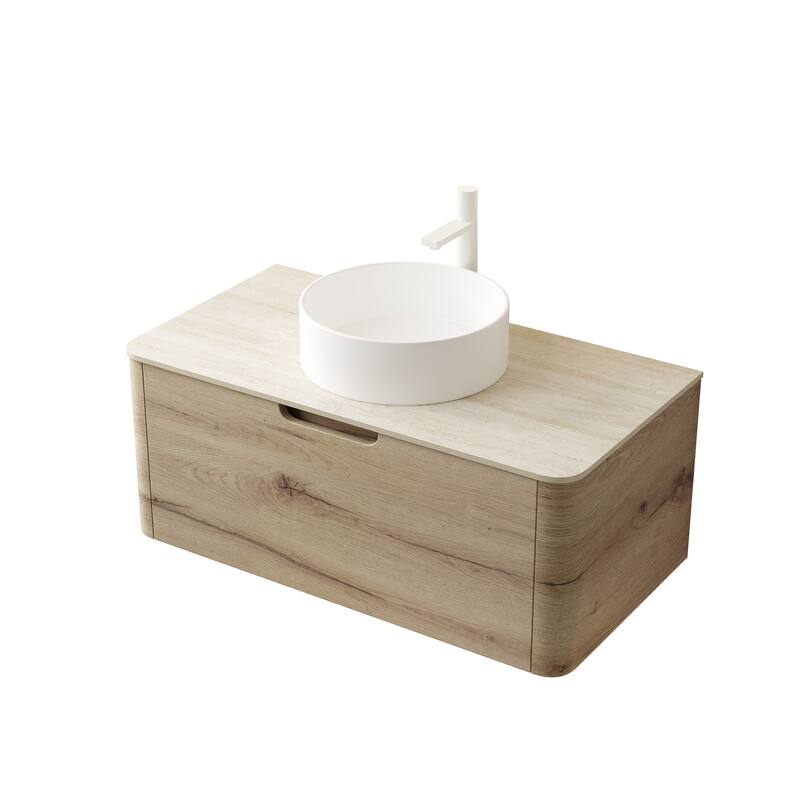 GDFStudio - Xai Floating Bathroom Vanity with Drawer, White Round Ceramic Basin & Travertine Sintered Stone Top, WITHOUT Faucet