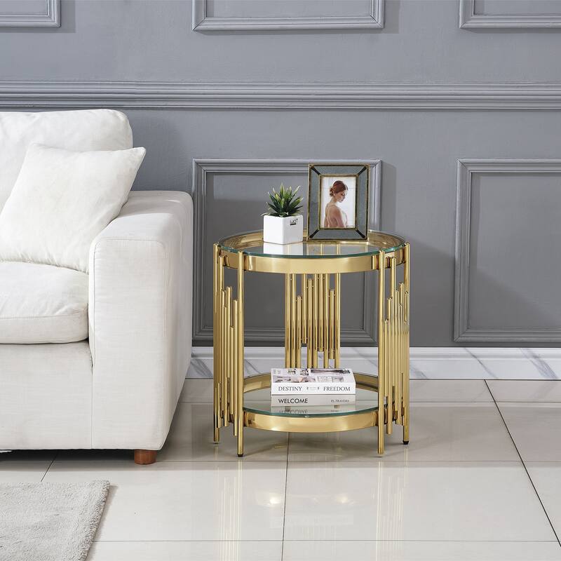 Top and Bottom Double Layer Tempered Glass End Table and Mirror Finished Stainless Steel Frame
