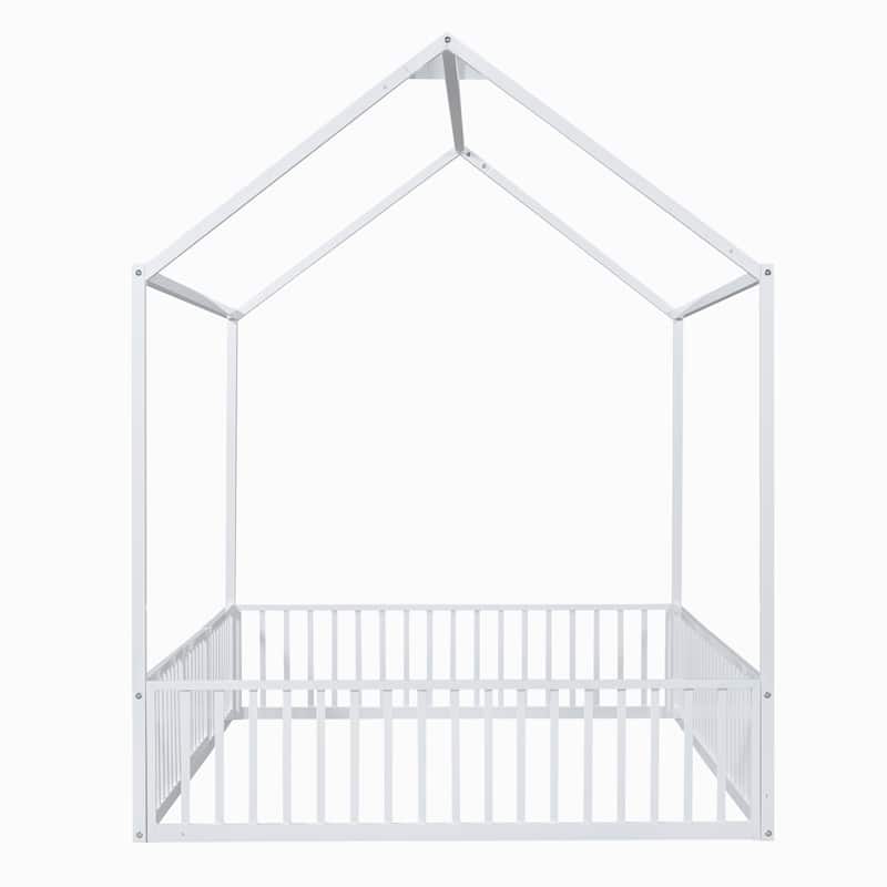 Full Size House Design Platform Bed, Metal Floor Bed Frame with Fence, Door and Roof, No Box Spring Needed for Bedroom