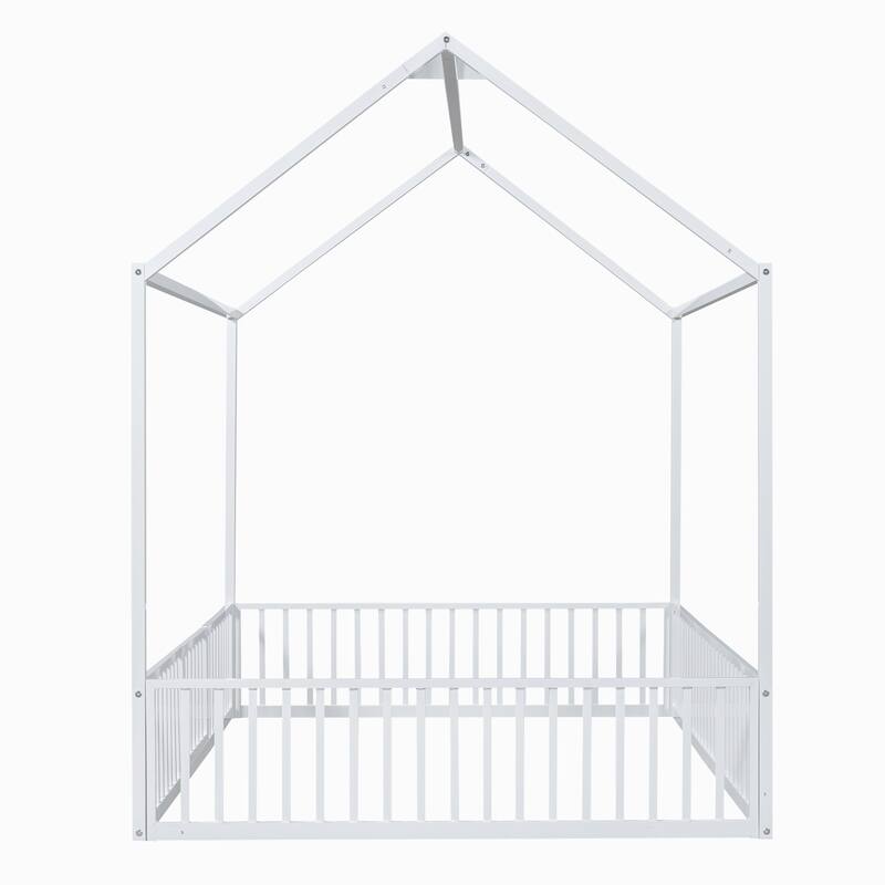 White Full Size Metal House Bed with Fence, Roof & Door