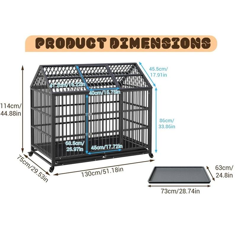 Heavy Duty Dog Crate with Wheels Escape Proof Metal Kennel Lockable Wheels Slide Out Tray