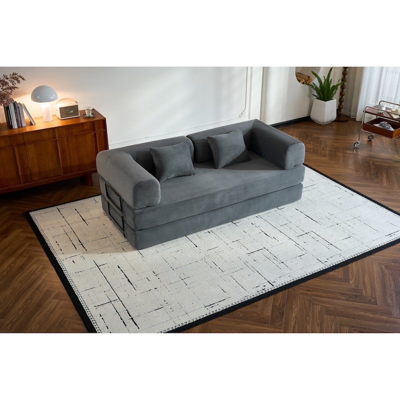 Convertible Sleeper Sofa Bed with Pillow, Corduroy Folding Mattress Couch with Fixed-Shape Frame, Floor Lounge Loveseat Sofa
