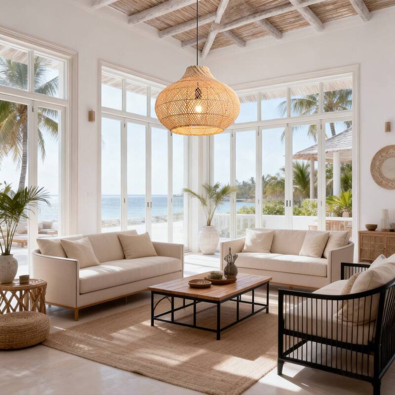 14" Coastal Natural Rattan Lantern Pendant Light Chandelier