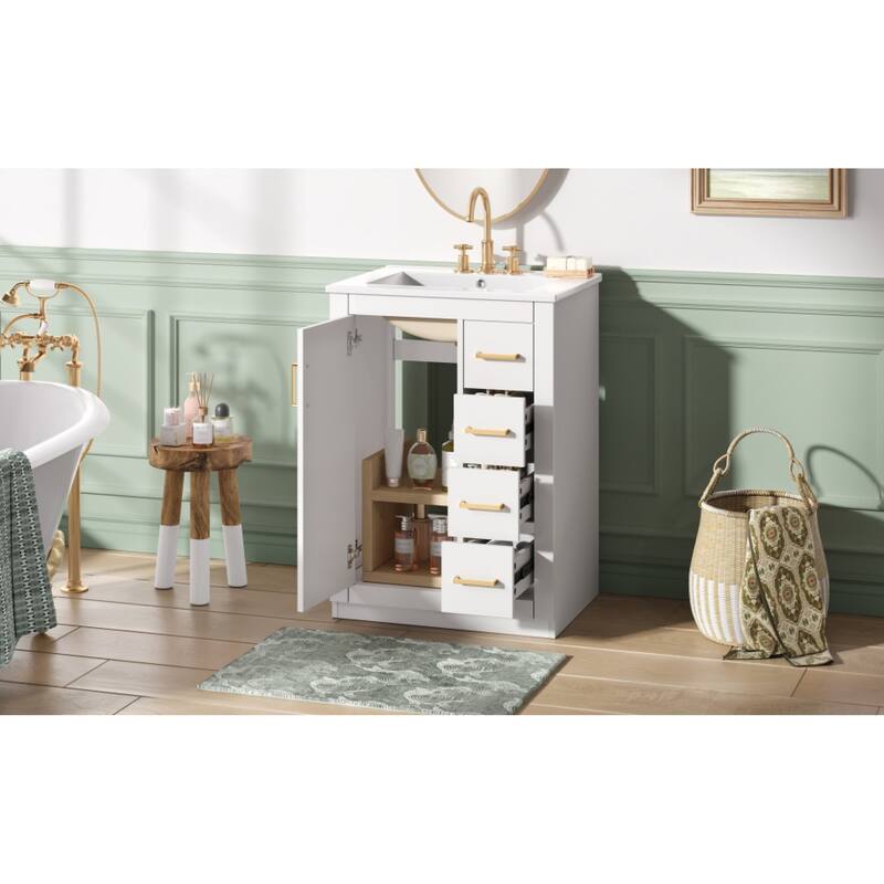 Roomfitters 24 Inch Bathroom Vanity with Integrated Ceramic Sink, Storage Cabinet with 3 Sliding Tiers & Soft Close Door