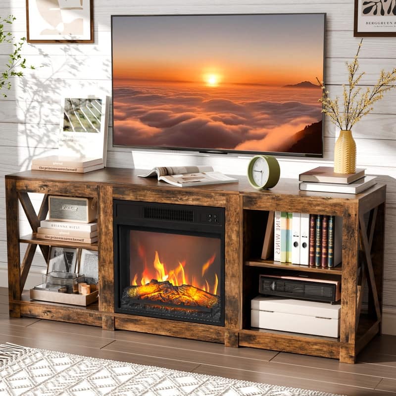 TV Stand with Optional Fireplace for TVs up to 70in Farmhouse Entertainment Center with Adjustable Shelves - Fireplace Including - Brown