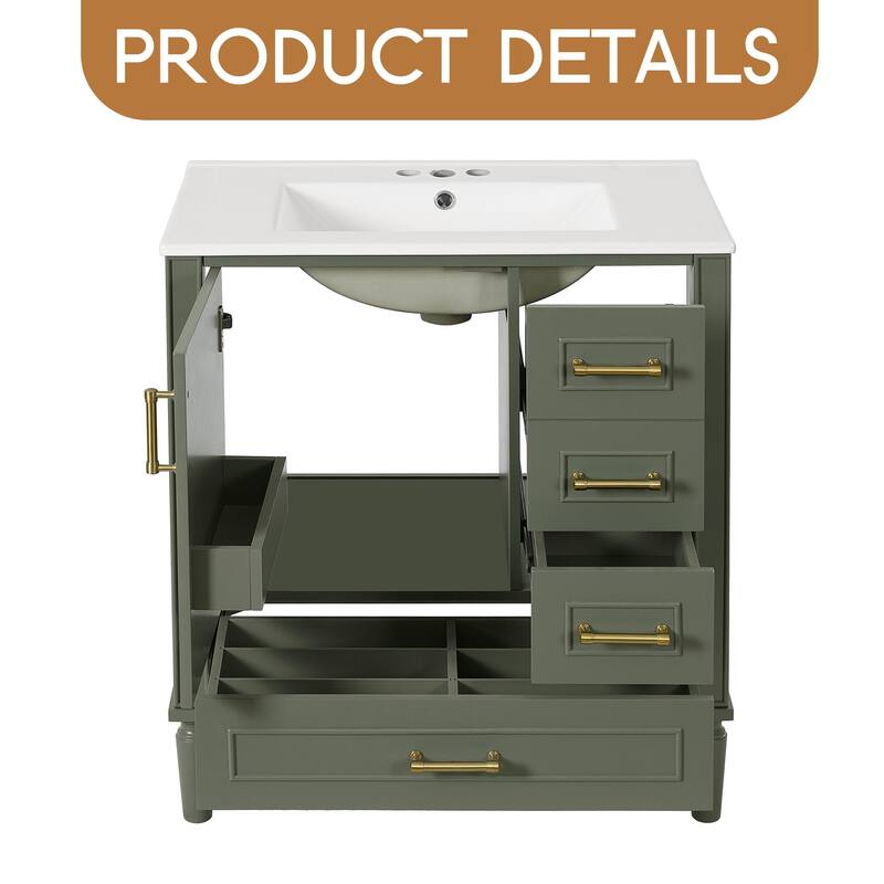 Bathroom Vanity with Ceramic Sink, Soft-Close Door with Built-in Shelf, Deep Drawer, Standard Drawer, Long Divider Drawer