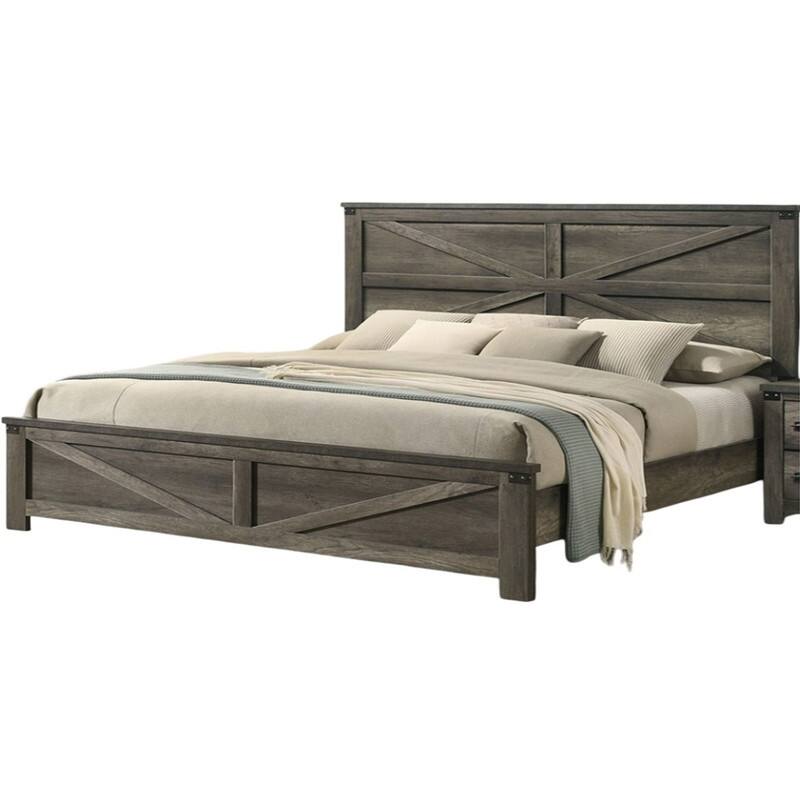 3-Piece Bedroom Sets Queen Size Platform Bed w Nightstands Antique Walnut/Rustic Gray/Black Gold