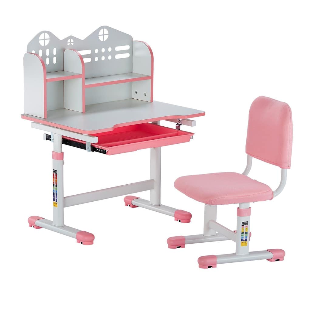 Kids Study Chair and Desk Set, Study Desk and Chair for Kids with Bookshelf and Storage Drawer, Adjustable Height Study Desk