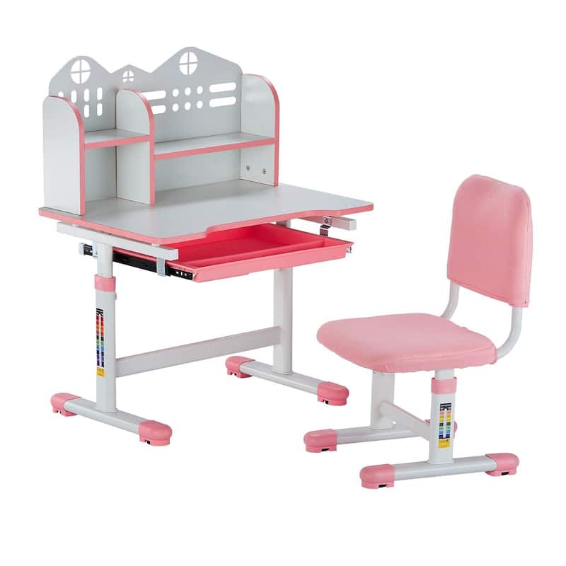 Kids Study Chair and Desk Set, Study Desk and Chair for Kids with Bookshelf and Storage Drawer, Adjustable Height Study Desk - Pink
