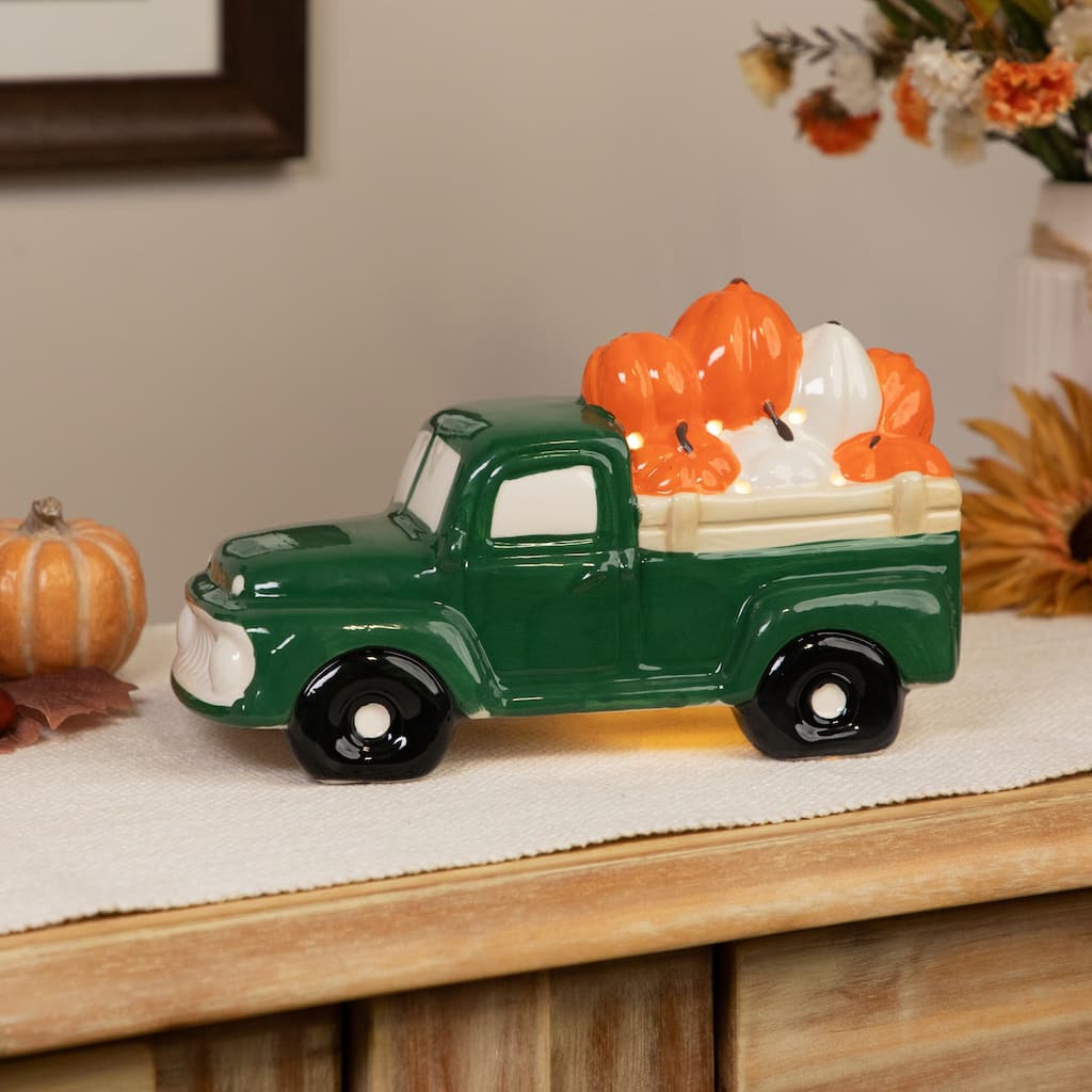9.5" LED Green Ceramic Truck Hauling Pumpkins Autumn Harvest Decor