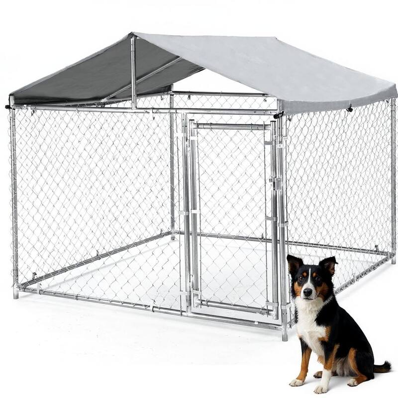 79" Outdoor Dog Kennel for Large Dog, Lockable Door, UV-Resistant Cover - Stainless Steel