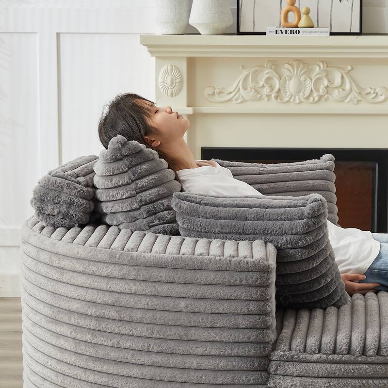 Oversized Round Chaise Lounge Corduroy Upholstered Single Sofa Chair with Cylindrical Neck Pillow and Integrated Backrest
