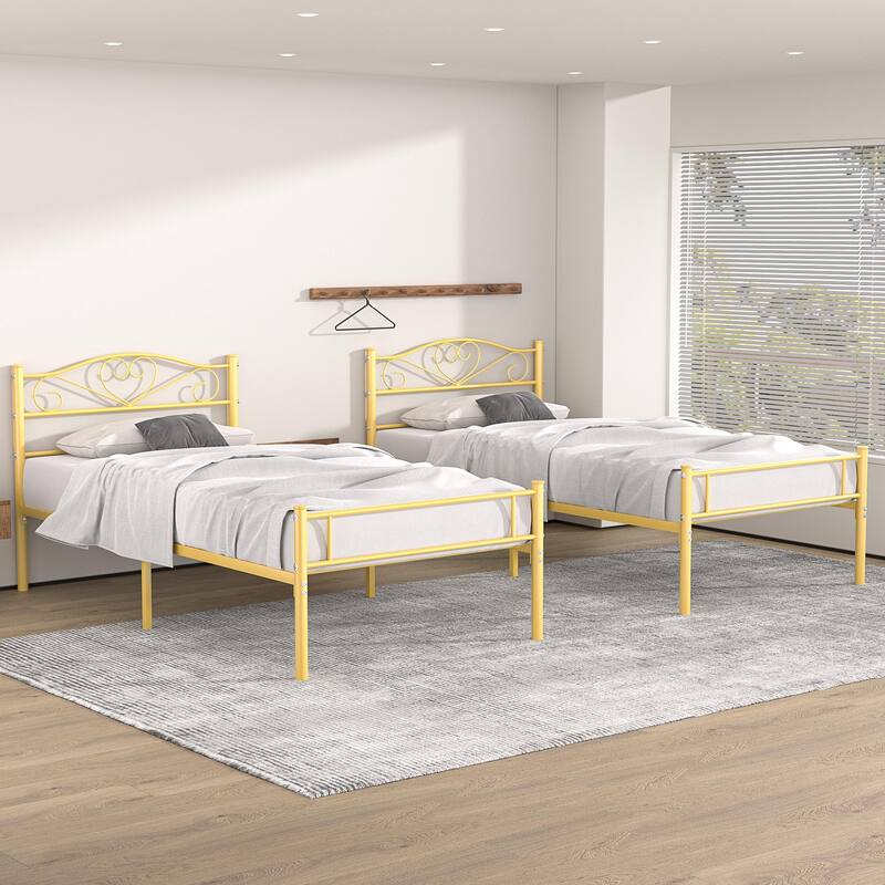 VECELO Twin Size Metal Bed Frame Set of 2, Heavy Duty Platform Beds with Headboard, No Box Spring Needed, Under Bed Storage