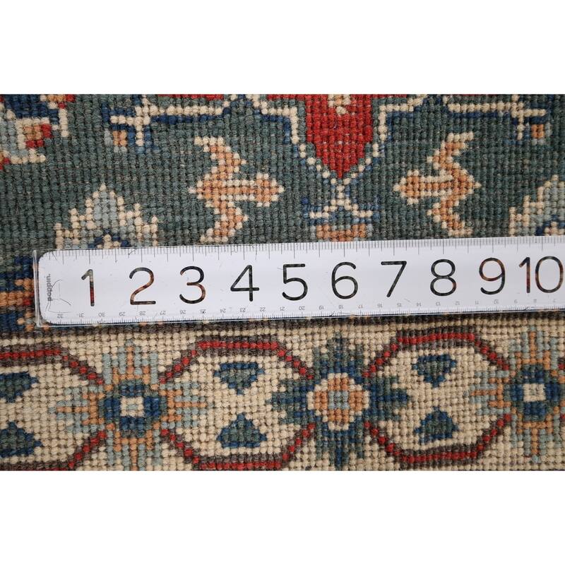 Geometric Green Kazak Oriental Runner Rug Hand-Knotted Wool Carpet - 2'3" x 5'11"