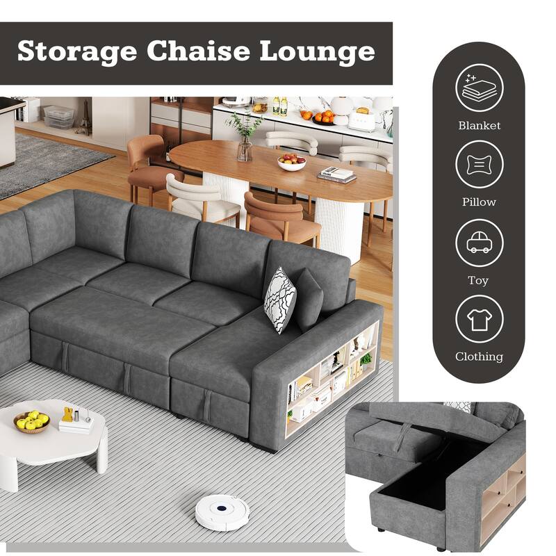 Grey 109" U-Shaped 6 Seater Sectional Sofa with Pull-Out Bed, Storage Chaise Lounge, 4 Back Pillows, and USB Charging Ports