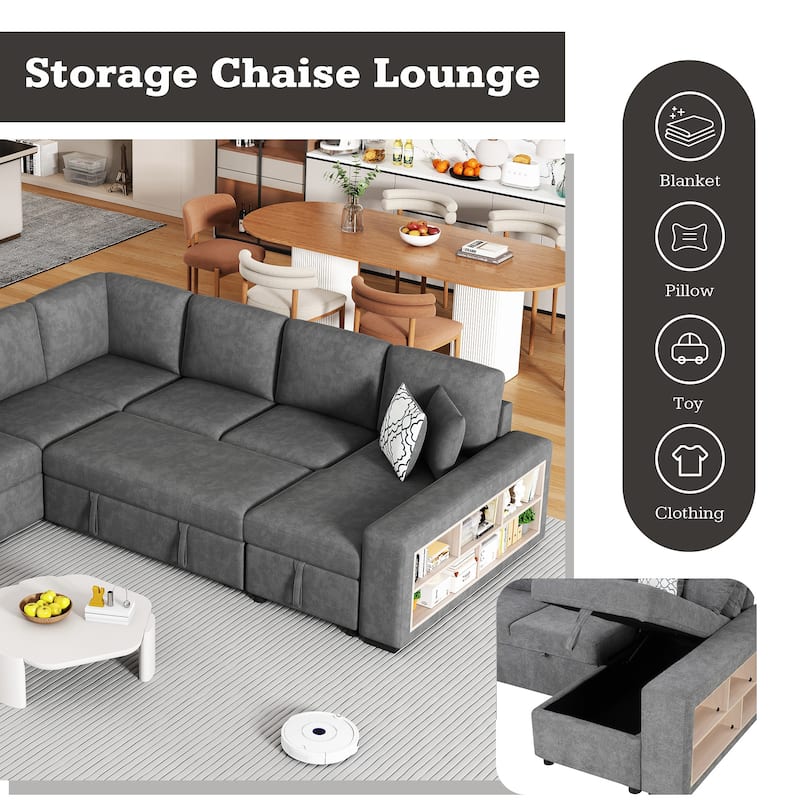 Grey 109" U-Shaped 6-Seater Sofa with Pull-Out Bed and Storage