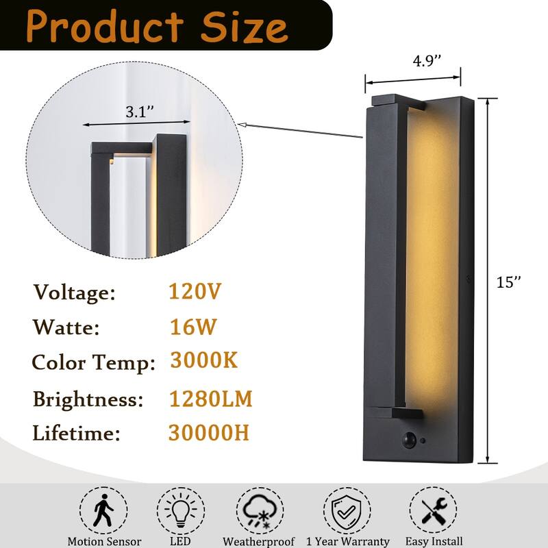 Modern Motion Sensor Outdoor Wall Light Integrated LED Wall Sconce Matte Black Iron Exterior Light Fixture for Porch(2Pack)