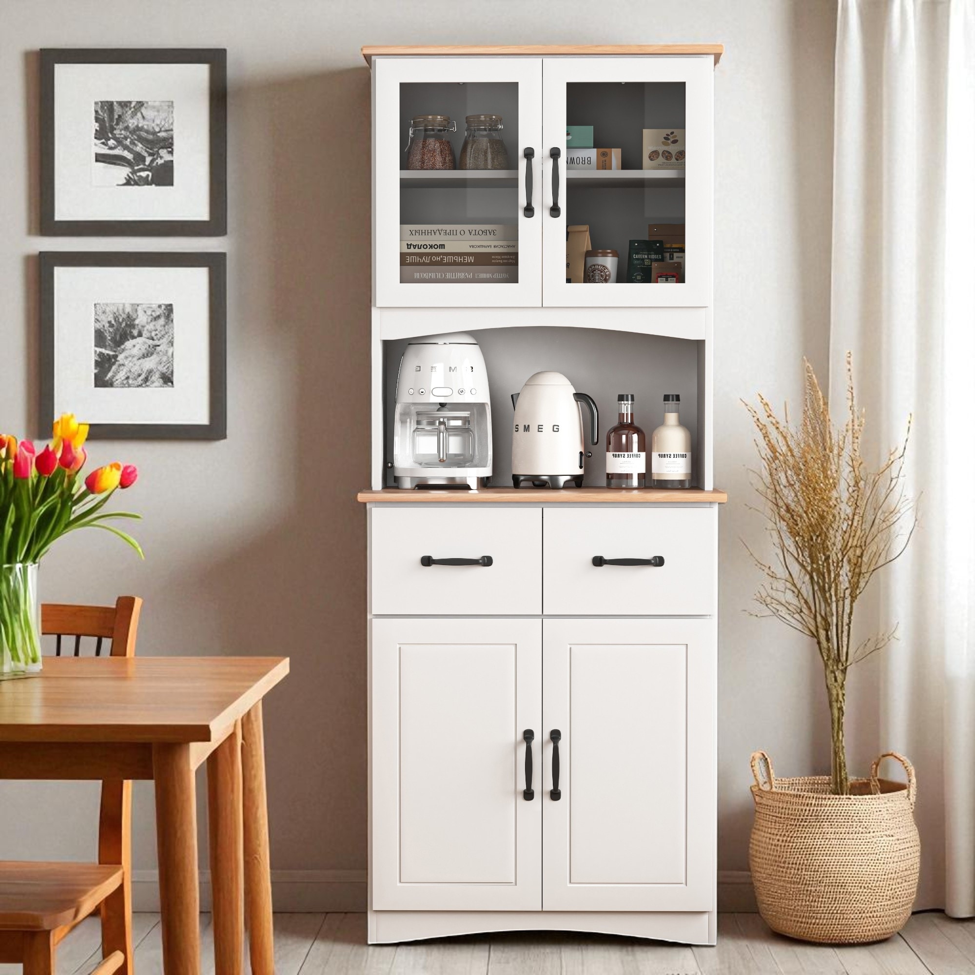 White Wooden Kitchen Pantry Storage Cabinet with Glass Doors, Drawers, Adjustable Shelves and Countertop