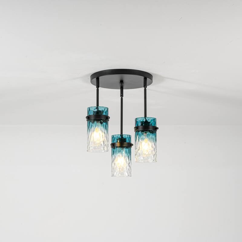 1/3-Light Coastal Matte Black Adjustable Pendant Light with Gradient Blue Hammered Cylinder Glass for Kitchen Island - 13.8 in. W x 16.1 in. H x 13.8 in. D