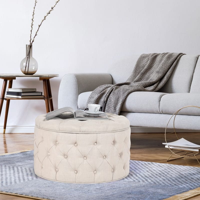 Adeco Round Storage Ottoman Button Tufted Footrest Stool Bench