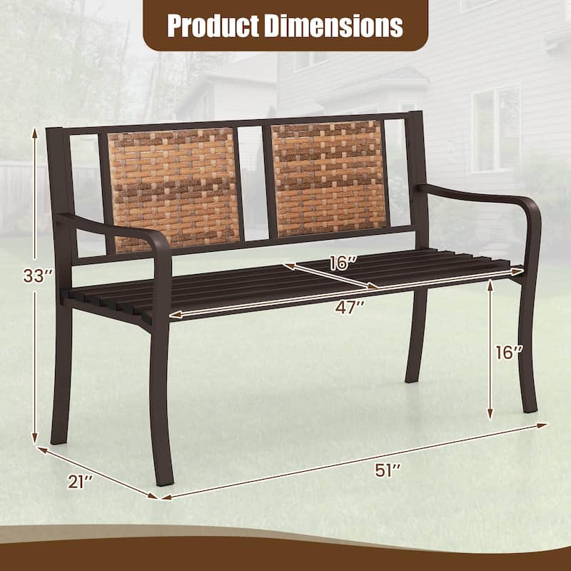 Costway Patio Garden Bench Steel Frame Rattan Backrest Park Yard - 21" x 51" x 33" (L x W x H)