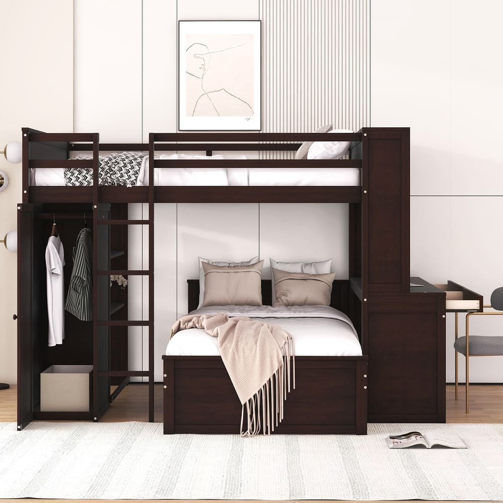 Multifunctional Full Size Loft Bed w/ Twin Size Platform Bed, Shelves, Wardrobe, Desk, Drawers, Ladder, Guardrail and Bookshelf
