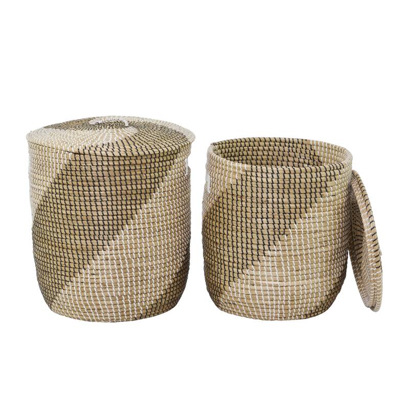 Seagrass Handmade Two Toned Decorative and Functional Storage Basket with Matching Lids - Set of 2 Brown - Roche River Decor - Brown