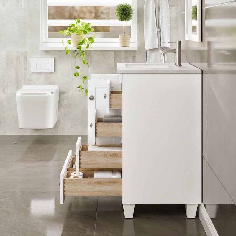 Eviva Happy 24"W x 18"D White Bathroom Vanity with White Carrara Quartz Vanity Top and Rectangular Undermount Sink - N/A