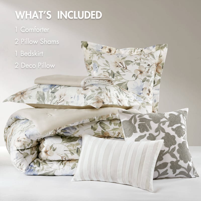 Harbor House Blue Herbal 6 Piece Cotton Sateen Print Oversized Comforter Set