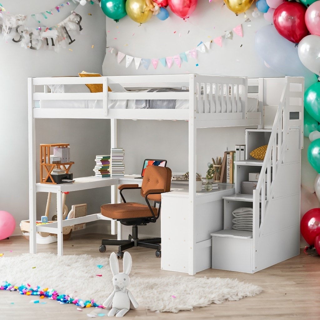 White Full Size Loft Bed with Built-in L-Shaped Desk and 3-Tier