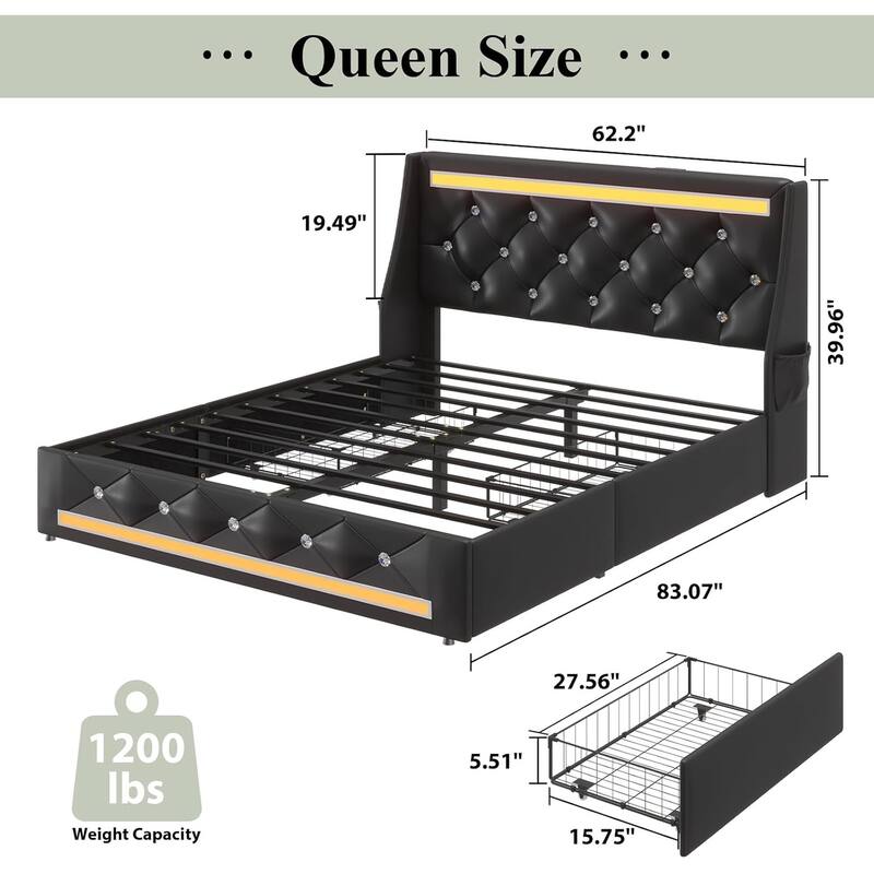 Queen Bed Frame with LED Lights, Upholstered Bed Frame with Charging Station, Platform Bed with Diamond Headboard, Wooden Slats
