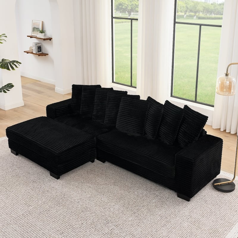 110.63" L-Shaped Modular Convertible Corduroy Tufted Upholstered Sleeper Sectional Sofa - Black