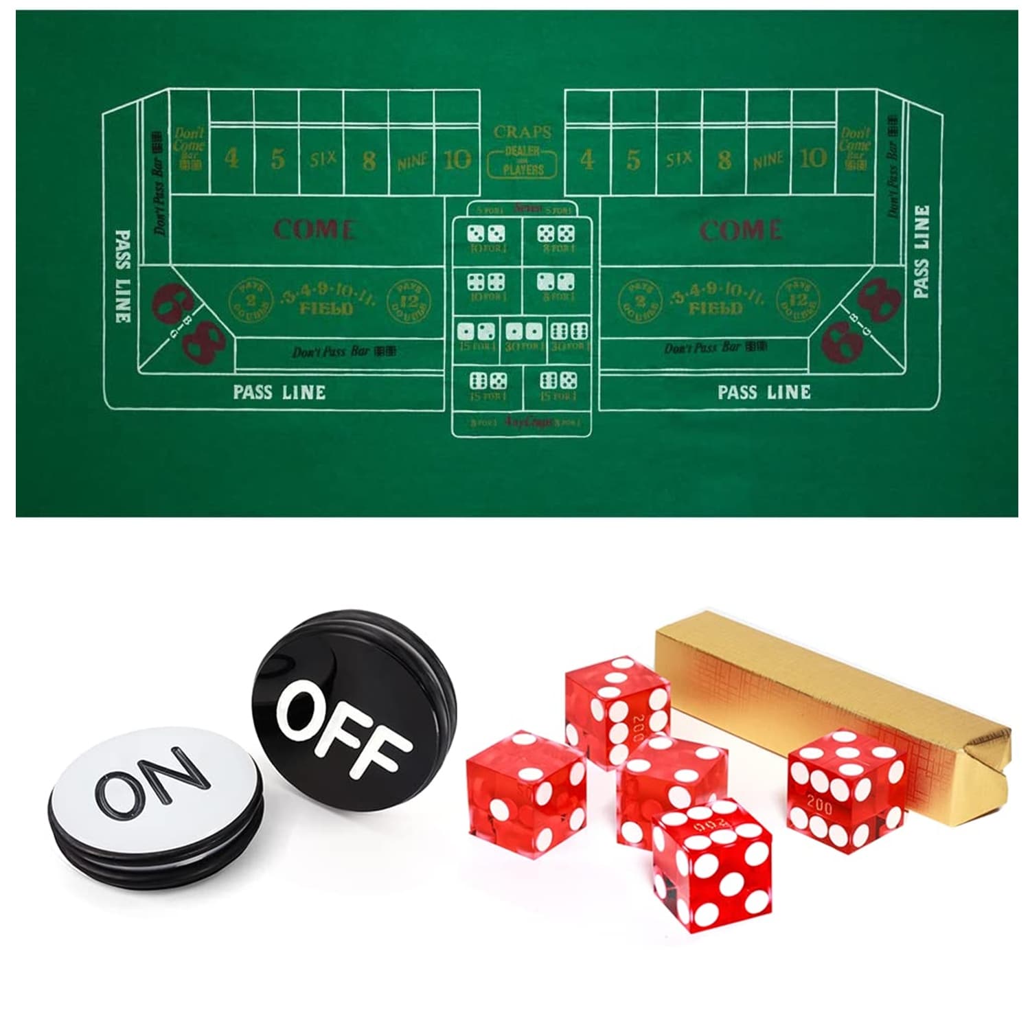 GSE™ Casino Craps Tabletop Game Set with 36"x72" Craps Layout Felt, 5-Piece 19mm Casino Dice, 3" Craps On/Off Puck