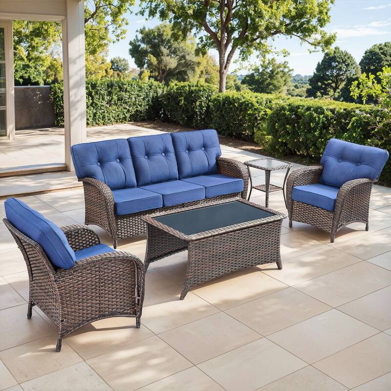 Gymojoy Outdoor Wicker Patio Furniture Set, 5" Thick Cushioned Rattan Conversation Set with Sofa & Chairs