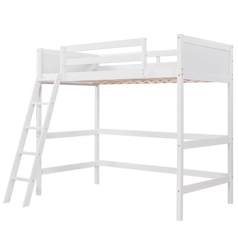 Solid Wood Twin Size Loft Bed with Ladder in White